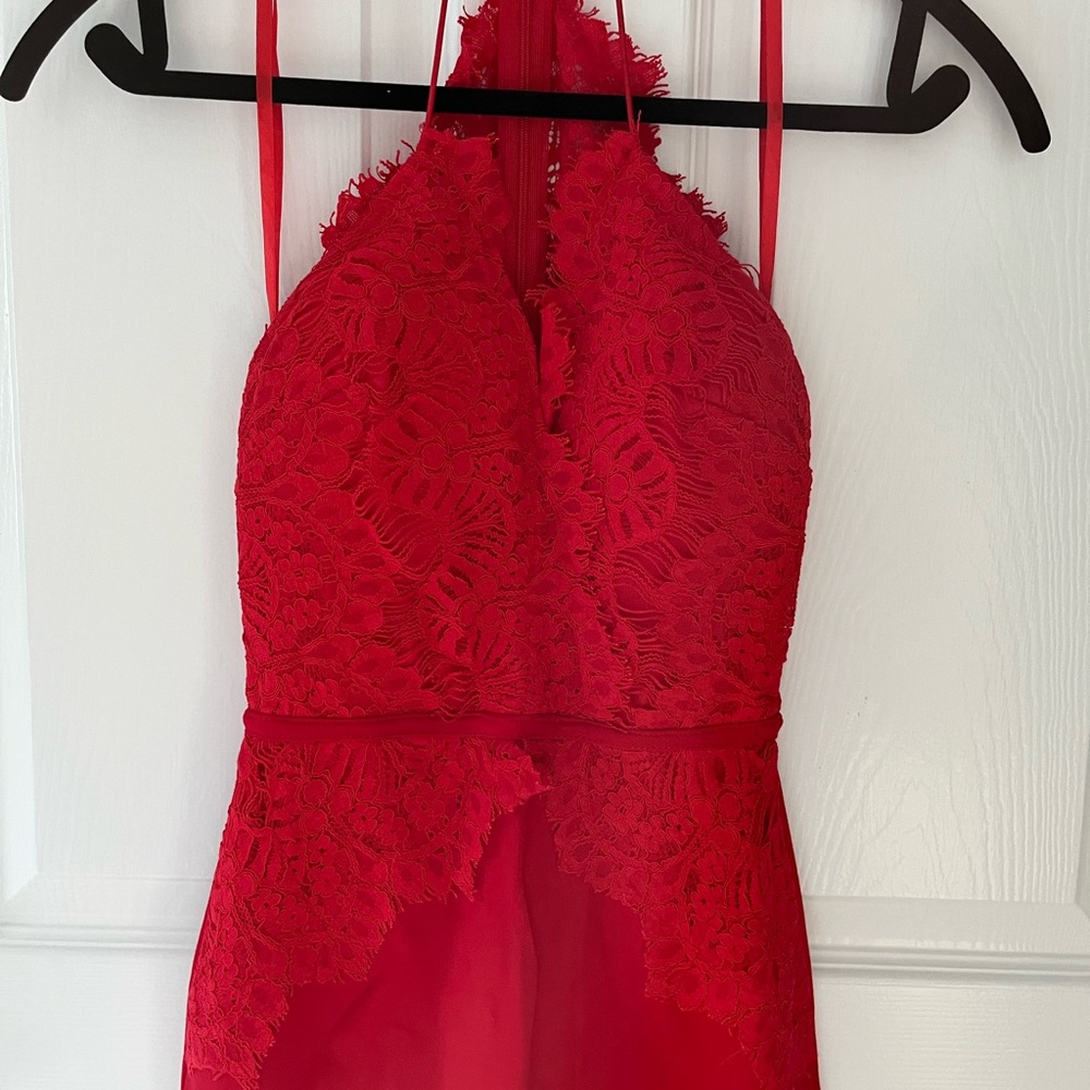 RED LACE HALTER DRESS